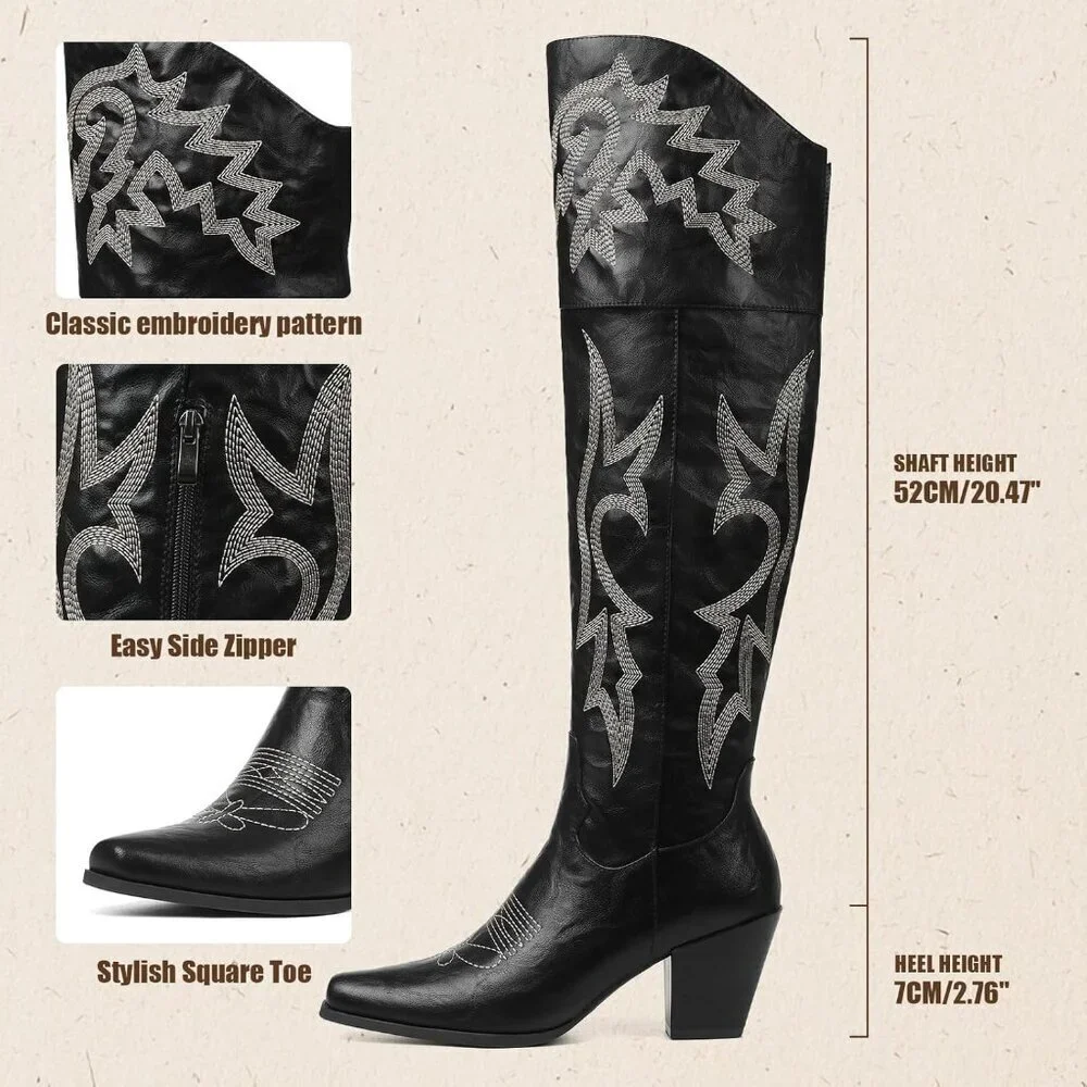 Women Black Pu Polyurethane Thigh High Embroidered Pointed Toe Chunky Heels Boot